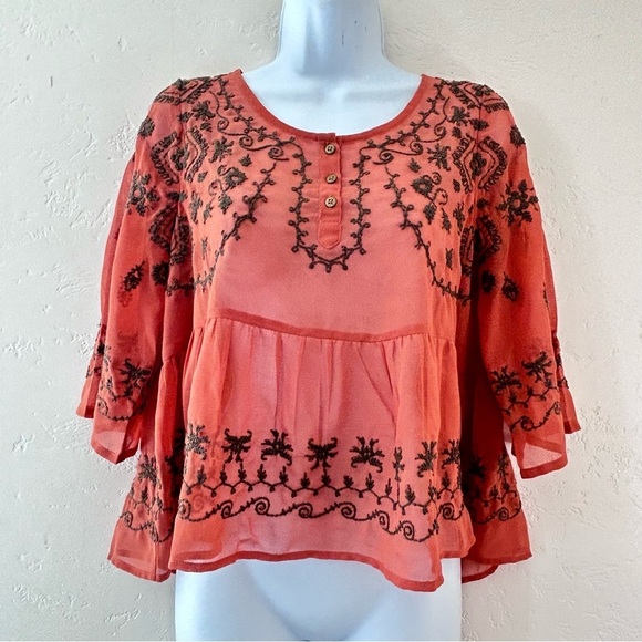 FREE PEOPLE Pennies Sequel Semi-Sheer Rust Embroidered Boho Peasant Blouse XS - Picture 2 of 11
